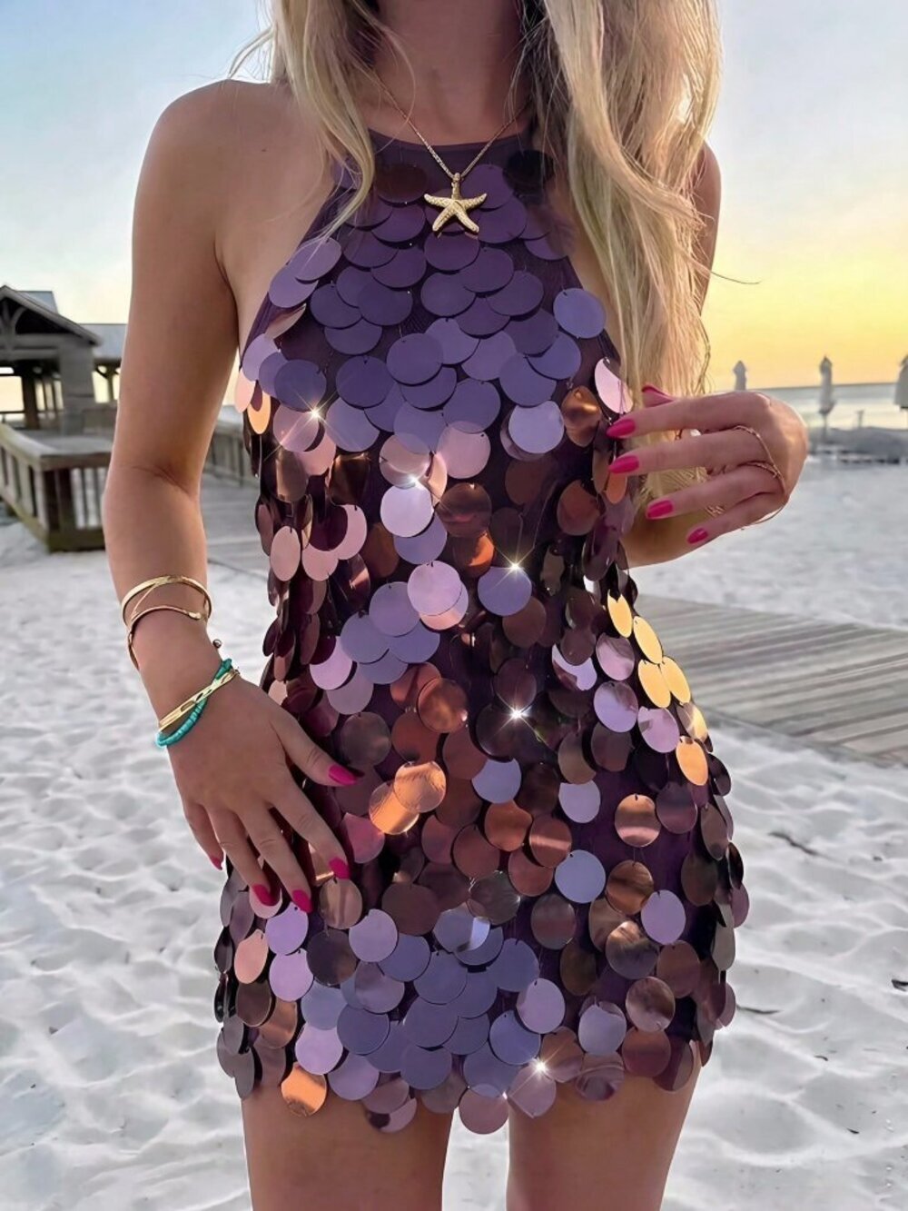 Purple Backless Sequin Women's Mini Dress